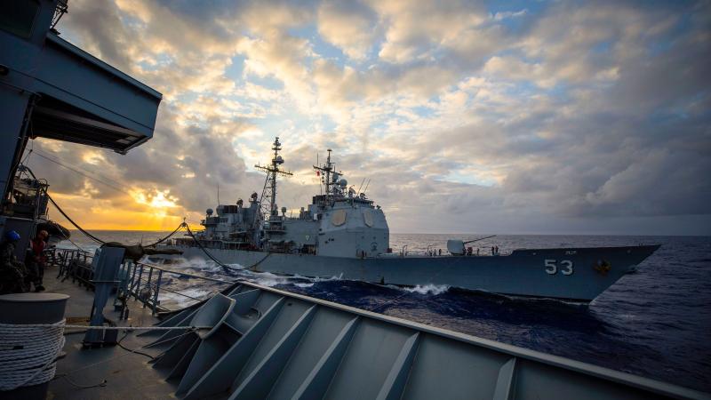 HMAS Supply conducts replenishment at sea with US Navy cruiser USS Mobile Bay during Exercise Rim of the Pacific (RIMPAC) 2022. Photo: Leading Seaman Ernesto Sanchez