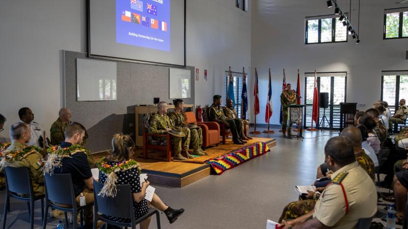 Commander of 7th Combat Brigade Brigadier Michael Say addresses Republic of Fiji Military Forces Colonel Gadai and members of Exercise Longreach 2022 at Blackrock Camp, Fiji on July 19, 2022. Photo: Corporal Lisa Sherman