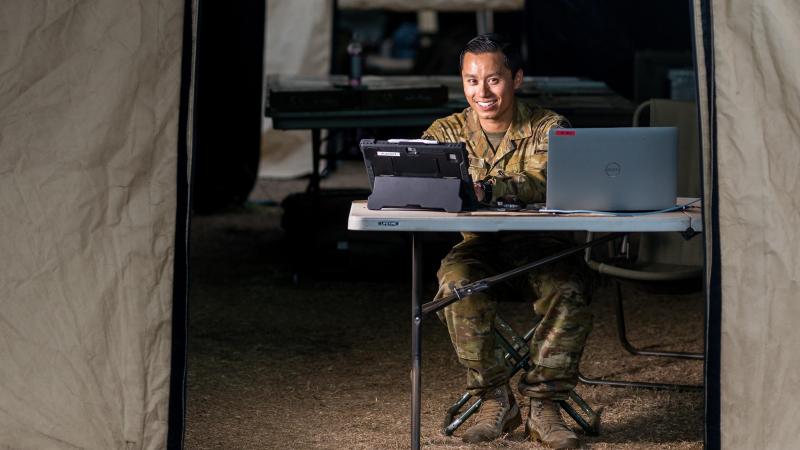 Administrative clerk from 2nd Battalion, Royal Australian Regiment, Corporal Sonny Huynh, at the US Marine Corps Base in Hawaii during Exercise Rim of the Pacific (RIMPAC) 2022. Photo: Corporal John Solomon