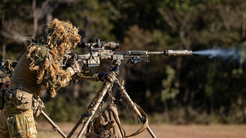 A rifleman from the 6th Battalion, Royal Australian Regiment, fires the blazer sniper rifle during the live-fire phase of the basic sniper course at Greenbank Training Area. Photos: Signals Christopher Kingston