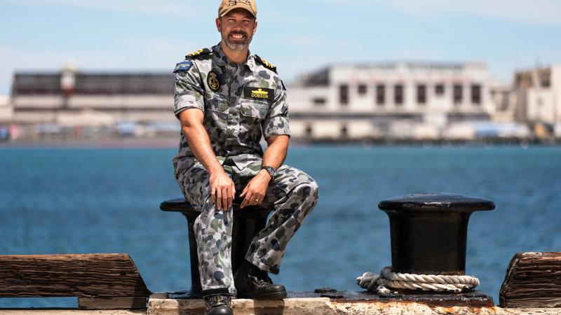 Exercise Rim of the Pacific (RIMPAC) 2022 coordinator Lieutenant Commander James Dobson on the wharf at Pearl Harbour in Hawaii. Photo: Leading Seaman Daniel Goodman