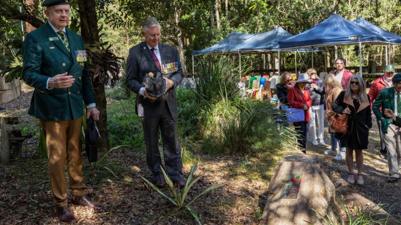 National President of the AATTV Association Colonel (retd) Kerry Gallagher, left, and President of RSL Queensland Major General Stephen Day unveil the Operation Reunite memorial at Kokoda Barracks. Photo: Signals Christopher Kingston