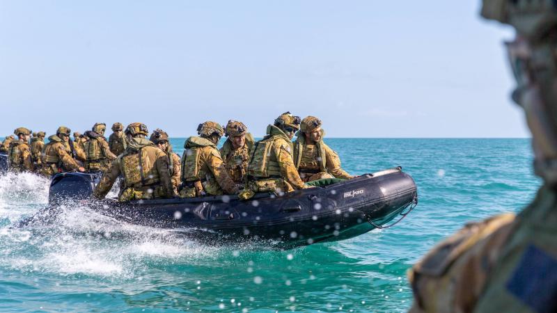 Australian Army soldiers from 5th Battalion, Royal Australian Regiment, on board F470 Zodiacs conducting small-boat training in the littoral environment during Exercise Tiger's Run 2022 on the Timor Sea. Photo: Corporal Rodrigo Villablanca