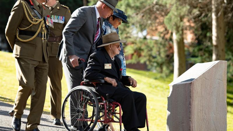 Governor-General General (retd) David Hurley, Mrs Linda Hurley and Major General Michael Krause assist Kokoda campaign veteran George Turner at the opening of the Kokoda Memorial Track. Photo: Major Roger Brennan