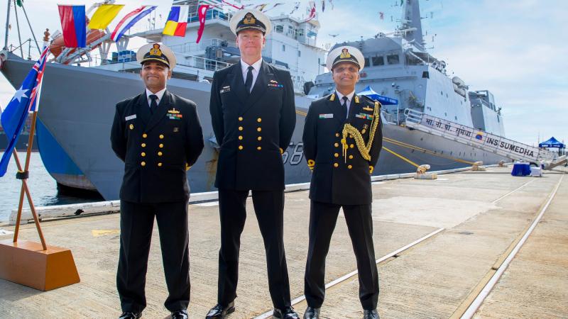 Commanding Officer INS Sumedha Commander Phaneendra, left, Commanding Officer HMAS Stirling Captain Gary Lawton and Indian Defence Advisor Captain Akhilesh Menon in front of INS Sumedha during its visit to Fremantle. Photos: Petty Officer Richard Cordell