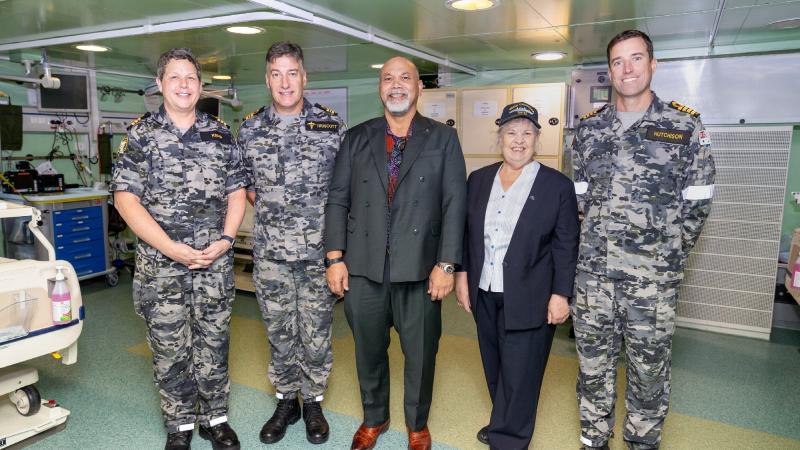 Commander Patricia Kemp, Lieutenant Commander Wesley Truscott, President of Nauru Lionel Aingimea, Dr Helen Cheney and Commanding Officer HMAS Canberra Captain Jace Hutchison on board Canberra. Photo: Leading Seaman Matthew Lyall