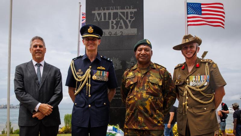 (L-R) High Commissioner to Papua New Guinea, Mr Jon Philp; Chief of Air Force, Air Marshal Robert Chipman, AM, CSC; Papua New Guinea Chief of Defence Force, Major General Mark Goina; Australian Defence Attaché to Papua New Guinea, Colonel Travis Gordon, CSM, at the commemorative service for the 80th anniversary of the Battle of Milne Bay at Alotau, Papua New Guinea.