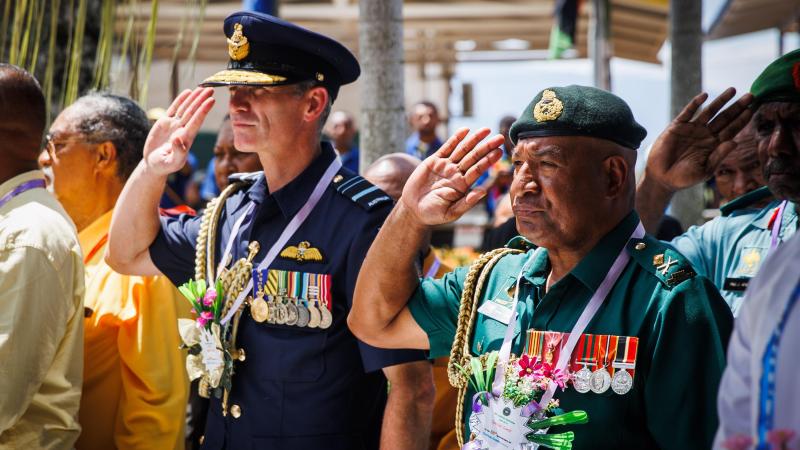 The Chief of Air Force, Air Marshal Robert Chipman, left, and PNG's Chief of Defence Force, Major General Mark Goina, at the service to commemorate the 50th anniversary of the Air Force Caribou A4-233 crash in Port Moresby. Photo: Corporal Cameron Pegg
