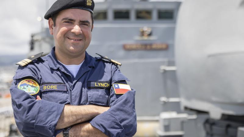 Chilean Navy officer Lieutenant Commander Gabriel Bore on the forecastle of Chilean Navy frigate CNS Almirante Lynch at Joint Base Pearl Harbor during Exercise Rim of the Pacific (RIMPAC) 2022. Photo: Leading Seaman Kylie Jagiello