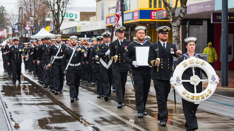 Sailors from HMAS Glenelg and Royal Australian Navy Band South Australia march along Jetty Road during the Freedom of Entry parade in Glenelg. Photos: Leading Aircraftman Sam Price