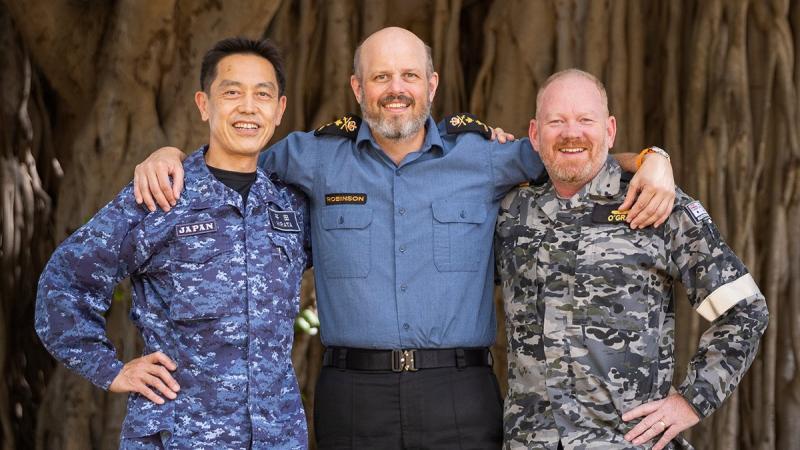 Japan Maritime Self-Defense Force Rear Admiral Toshiyuki Hirata, left, Royal Canadian Navy Rear Admiral Christopher Robinson and Royal Australian Navy Commodore Paul O’Grady. Photo: Leading Seaman Kylie Jagiello