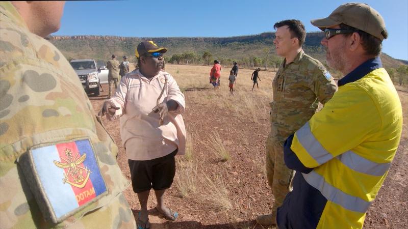 Bradshaw traditional owner Lorraine Jones speaks with Deputy Director of SA/NT Training Area Management Lieutenant Colonel Adam Boyd and contracted caretaker of Bradshaw field training area Tim Zerna.