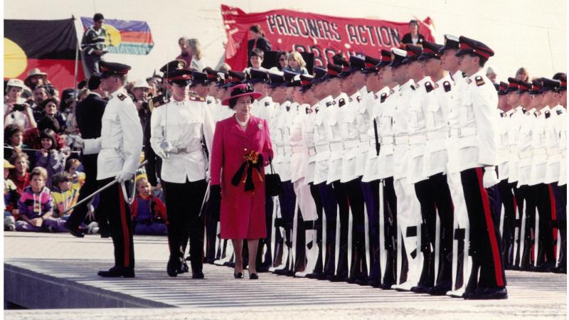 Australian Defence Force Academy midshipmen and officer cadets make up the Guard for the opening of Parliament House on May 9, 1988. Captain Jayne Craig’s white uniform reflects the Queen's pink outfit.