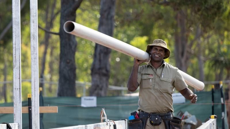 Sapper Donald Currie, a Plumber from 6th Engineer Support Regiment, works on the construction of an Independent Youth Centre in Gapuwiyak, NT. Photo: Corporal Lucas Petersen 