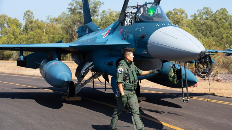Japan Air Self-Defense Force F-2 pilot Captain Hiroki Tetsuo prepares for a sortie at RAAF Base Darwin during Exercise Pitch Black 2022. Photo: Corporal Kylie Gibson