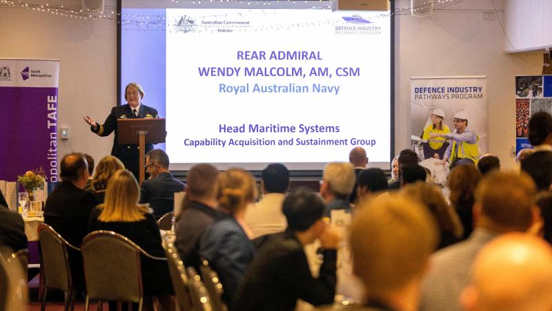 Head Maritime Systems Rear Admiral Wendy Malcolm speaks to graduates and guests at the graduation ceremony of the Defence Industry Pathways Program at the South Metropolitan TAFE, Western Australia. Photo: Chief Petty Officer Yuri Ramsey