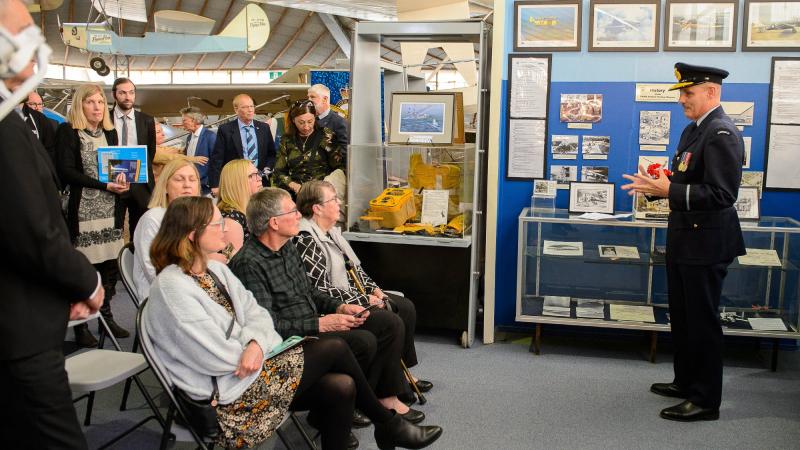 Air Commodore Robert Lawson, Director-General of History and Heritage – Air Force, addresses family members and friends of Flight Sergeant Richard Hobbs, crew member of Catalina A24-50. Photo: Sergeant Gary Dixon