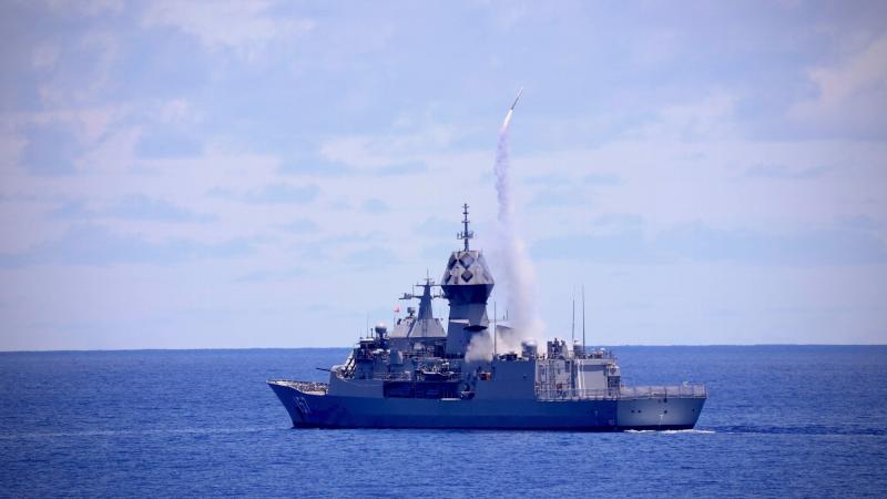 HMAS Perth fires an Evolved Sea Sparrow Missile while operating in the Philippine Sea during Exercise Pacific Vanguard 2022. Photo: US Navy Lieutenant Junior Grade Emilio Mackie