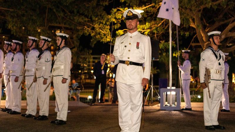 Members of the HMAS Perth ceremonial guard stand at attention during an official reception for the Exercise Kakadu 2022 opening ceremony at the Darwin Convention Centre. Photos: Leading Seaman Jarryd Capper