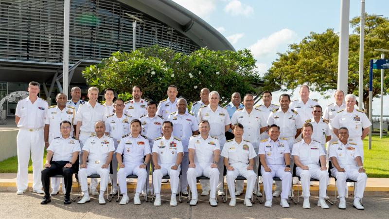 Commander Australian Fleet Rear Admiral Jonathan Earley, centre front, and international dignitaries during Exercise Kakadu 2022 opening ceremony at the Darwin Convention Centre. Photo: Leading Seaman Jarryd Capper