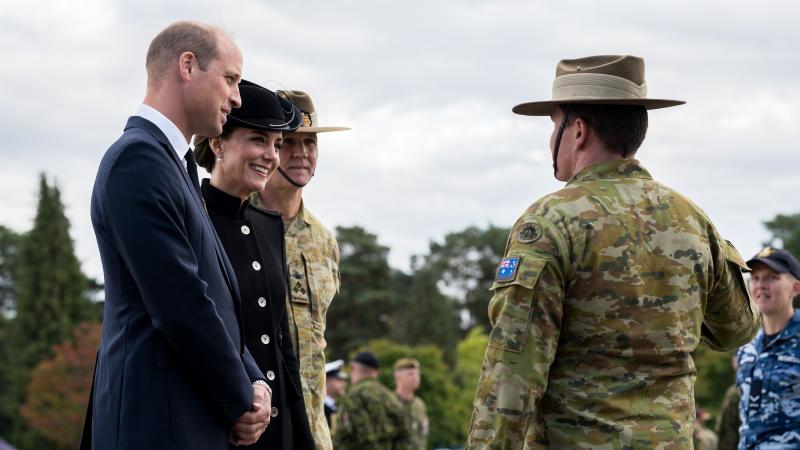 Their Royal Highnesses the Prince and Princess of Wales speaks with Australian Army officer Captain Joshua Downs who is marching in Her Majesty Queen Elizabeth II state funeral on Monday 19 September 2022 in London. Photo: Corporal John Solomon