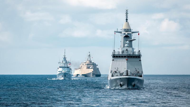 Thai frigate HTMS Bhumibol Adulyadej, Malaysian frigate KD Lekiu and USS Charleston sail in line-astern formation to conduct anti-aircraft firing serials in Darwin for Exercise Kakadu 2022. Photo: Leading Seaman Jarryd Capper
