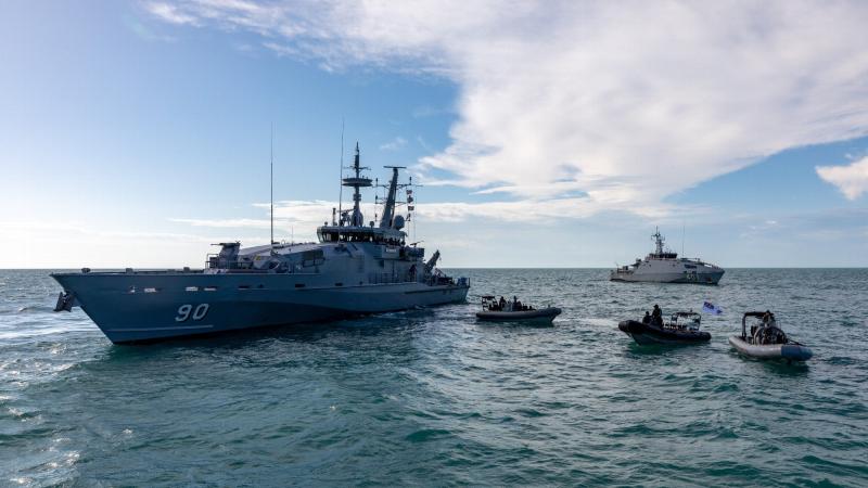 HMAS Broome, left, and Republic of Fiji Navy Ship Savenaca conduct training operation in Darwin during Exercise Kakadu 2022. Photo: Leading Seaman Shane Cameron