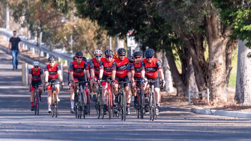 WO2 Ken Leggett, front right, leads the Round for Life 2022 peloton for the final stage into Simpson Barracks. Photo: Private Michael Currie