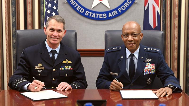 Chief of Air Force Air Marshal Robert Chipman and Chief of Staff of the US Air Force, General Charles Q. Brown, Jr. sign the Joint Vision Statement in Washington, DC. Photo: Andy Morataya