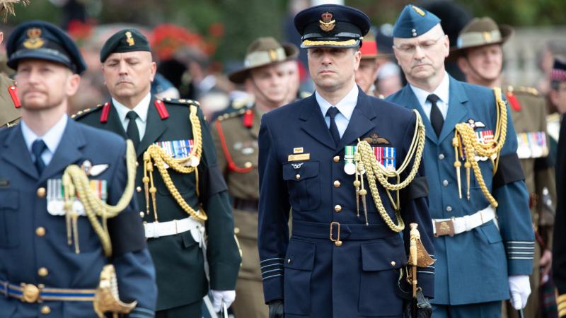 Royal Australian Air Force Group Captain Adrian Maso marches with the Commonwealth contingent during the Queen’s funeral procession. Photo: Royal Air Force Sergeant Jimmy Wise