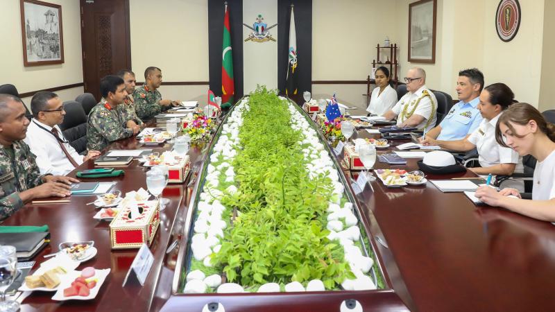 Maldives Defence leaders host members of the Australian Defence Force contingent during the first Indo-Pacific Endeavour key leadership engagement in Male. Photo: Maldives National Defence Force