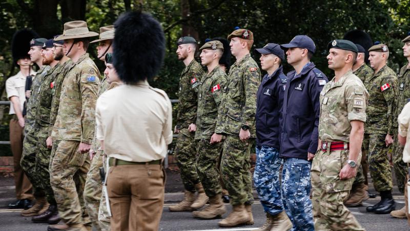 Australian, Canadian and New Zealand personnel march in a parade rehearsal in Woking, England, in preparation for the Queen's funeral. Photo: Corporal John Solomon