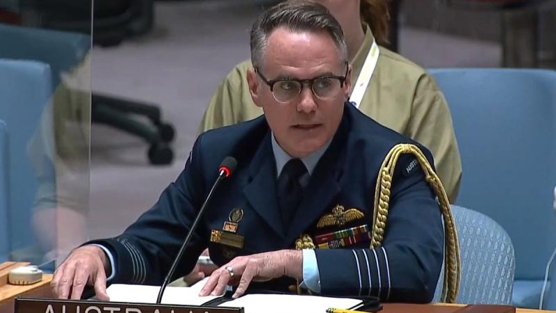 Group Captain Jarrod Pendlebury, Defence Attache for United Nations New York, speaking at the United Nations Security Council.