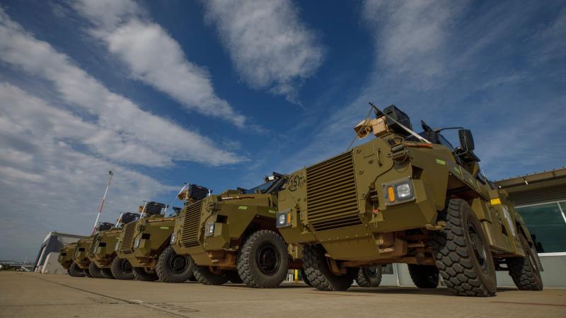 Australian Government-donated Bushmaster protected mobility vehicles bound for Ukraine at RAAF Base Amberley, Queensland, in April. Photo: Corporal Jesse Kane