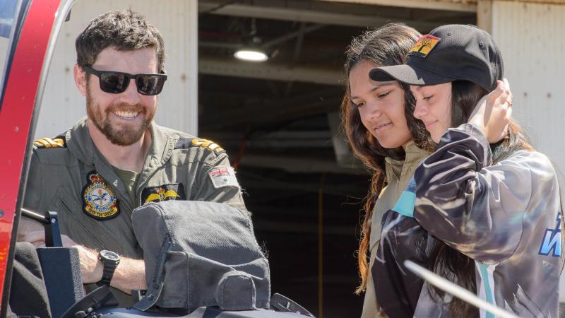 Lieutenant Jared Burton provides an overview of the Pilatus PC-21 aircraft to students, Skye Councillor and Jorja Hammond from Derby District High School. Photos: Sergeant Gary Dixon