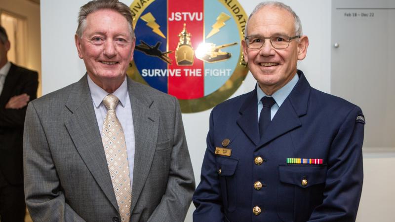 Group Captain (retd) Wayne Johnston, left, and Wing Commander Mark Pitt at the opening of the Pitt-Johnston Electronic Warfare Research Centre at the Joint Survivability Tactics Validation Unit. Photo: Sergeant Murray Staff