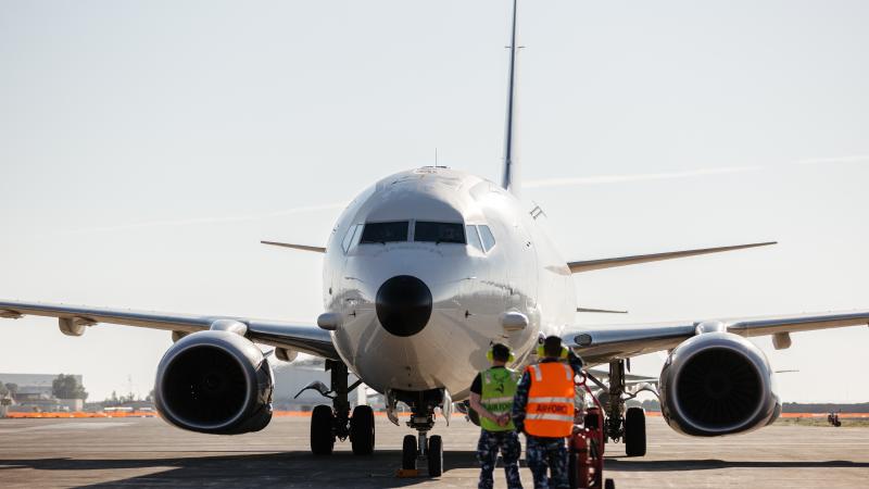 A Royal Australian Air Force P-8A Poseidon maritime patrol aircraft prepares to take off from a base in Italy for a mission in support of Operation Sea Guardian. Photos: Corporal John Solomon