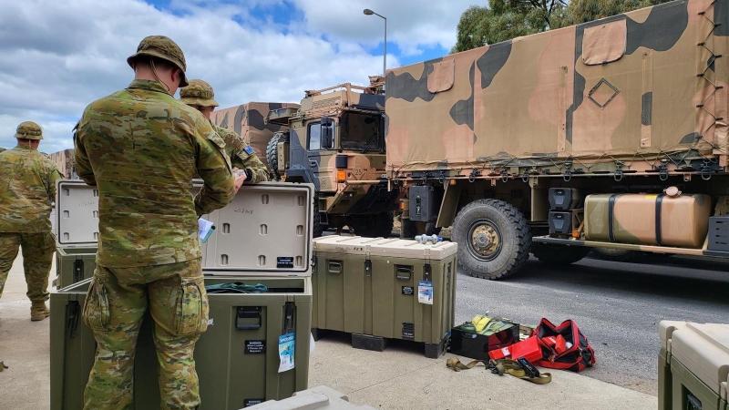 Soldiers from the Army School of Transport prepare their vehicles for deployment to Shepparton in support of the Victorian flood response. Photo: Captain Gary Ferreira