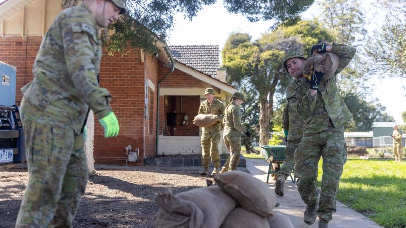 Army reservists from the greater Victorian region begin clearing flood damage items from the Rochester RSL in Victoria as part of the ADF’s ongoing support during Operation Flood Assist 2022-2. Photo: Corporal Jonathan Goedhart