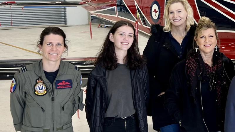 Air Academy Instructor Flight Lieutenant Mel Picton, left, and Australian Women Pilots Association members Hannah Potter, Cathy Eccles and Peta Denham Harvey during a recent visit to RAAF Base East Sale.
