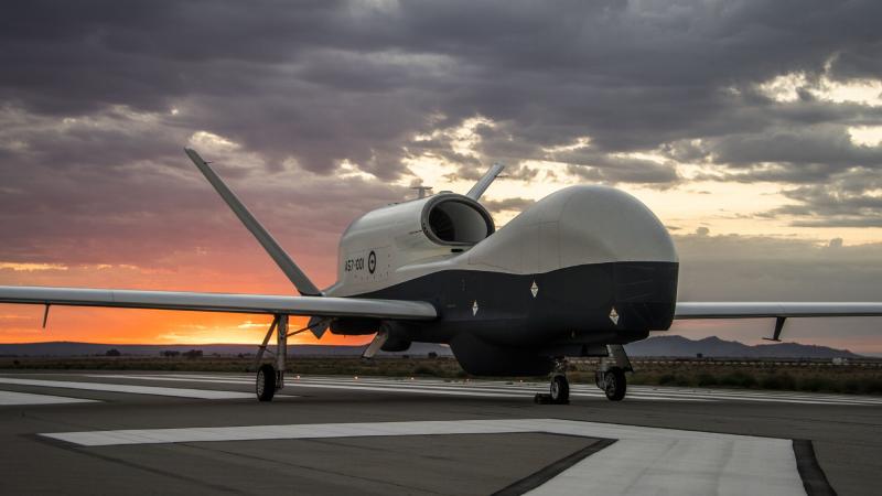 Australia's first MQ-4C Triton aircraft poses for its first official portraits after emerging from the Northrop Grumman Palmdale paint booth. Photo: Alan Radecki, Northrop Grumman Aeronautics Media Services