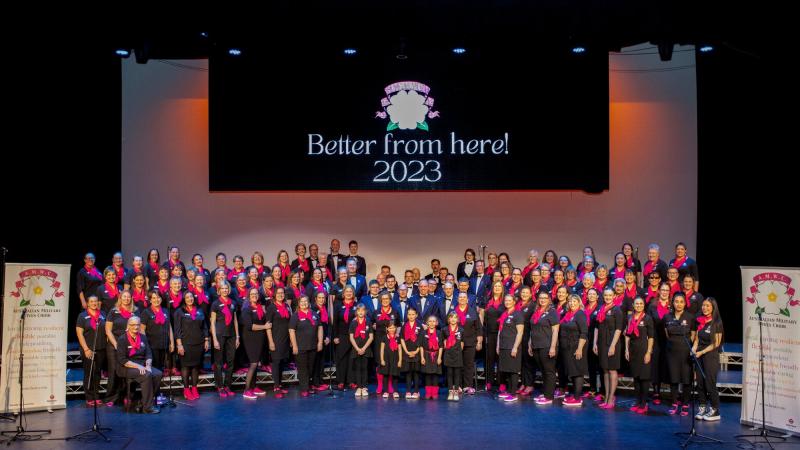 The Australian Military Wives Choir with the Royal Australian Air Force Band at the end of their performance at The Q - Queanbeyan Performing Arts Centre. Photo: Sergeant Rodney Welch