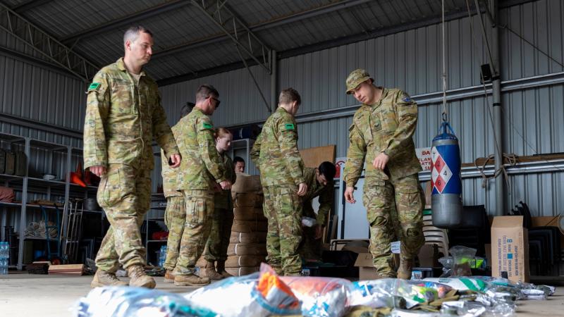 Army personnel from the 1st/19th Royal NSW Regiment prepare to move out to Moree from Dubbo, NSW, to support the NSW flood response. Photo: Leading Aircraftman Samuel Miller