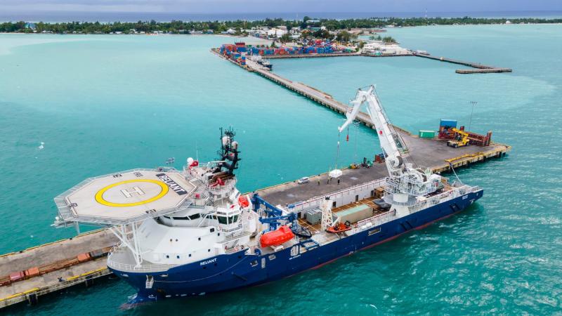 Australian Defence Vessel Reliant alongside at Betio Port in Kiribati to unload disaster relief stores. Photo: Lieutenant Commander BJ Glover