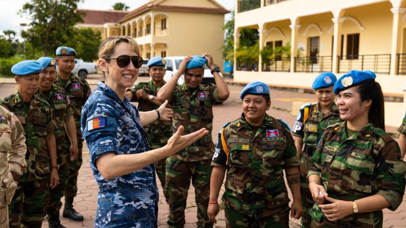 RAAF officer Squadron Leader Karyn Ey conducts an ice-breaker activity with personnel from the Royal Cambodian Armed Forces during an ADF led workshop in Phnom Penh, Cambodia. Photo: Corporal Brandon Grey