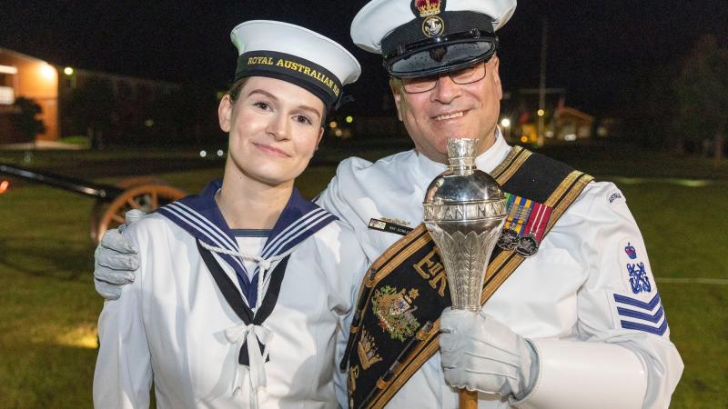 Seaman Elizabeth Dowler with her proud father, Petty Officer Musician Raymond Dowler, after graduating at the Royal Australian Navy Recruit School, HMAS Cerberus, Victoria. Photo: Leading Seaman James McDougall