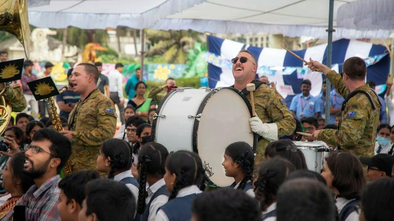 The Australian Army Band with students at the marine ecology event in Visakhapatnam. Photo: Flying Officer Brent Moloney
