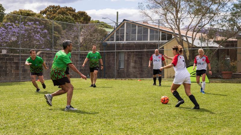 Army and Fire and Rescue NSW personnel play a game of soccer during the Emergency Services Movember Sports event in Sydney. Photo: Sergeant Nunu Campos