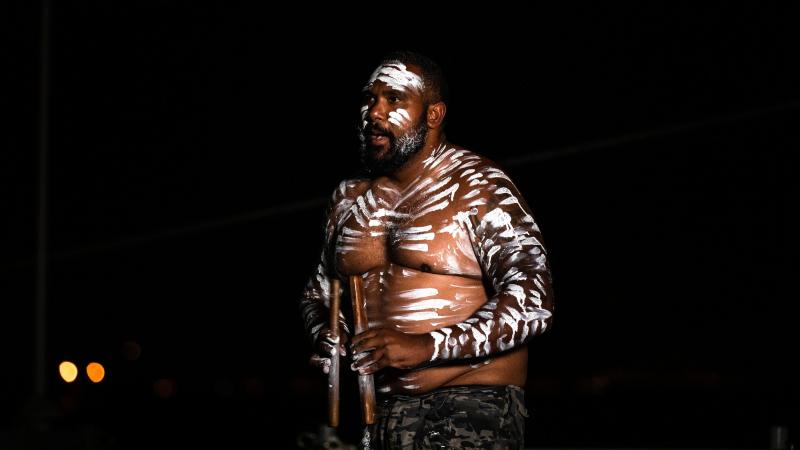 Able Seaman Boatswains Mate Jorde Lenoy conducts an Indigenous welcome ceremony during an official reception on board HMAS Hobart in Yokosuka, Japan. Photos: Leading Seaman Daniel Goodman