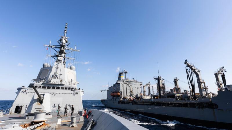 HMAS Hobart conducts a replenishment at sea with USNS Rappahannock during Exercise Keen Sword. Photo: Leading Seaman Daniel Goodman